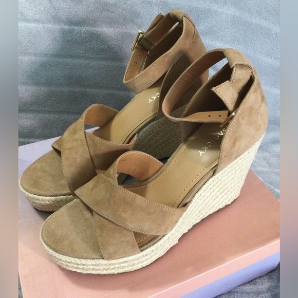 Lisa Vicky Gemi Cognac Kid Suede Platform Espadrille Wedges Size 9M - Picture 1 of 12